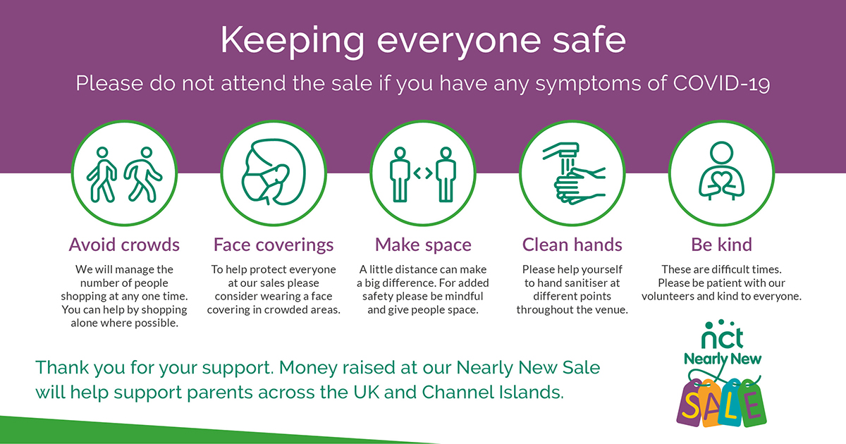 Safety graphic asking attendees at sale to avoid crowds, wear a face covering, make space, clean hands and be kind